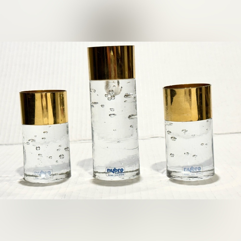 Nybro Sweden Glass and Brass Candle Holders Set of 3